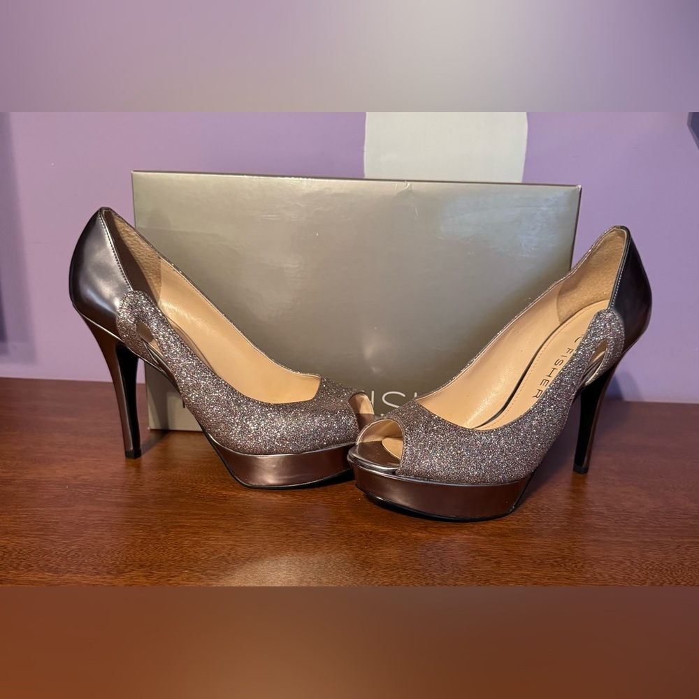Marc Fisher Glittery Silver Peep-Toe Heels